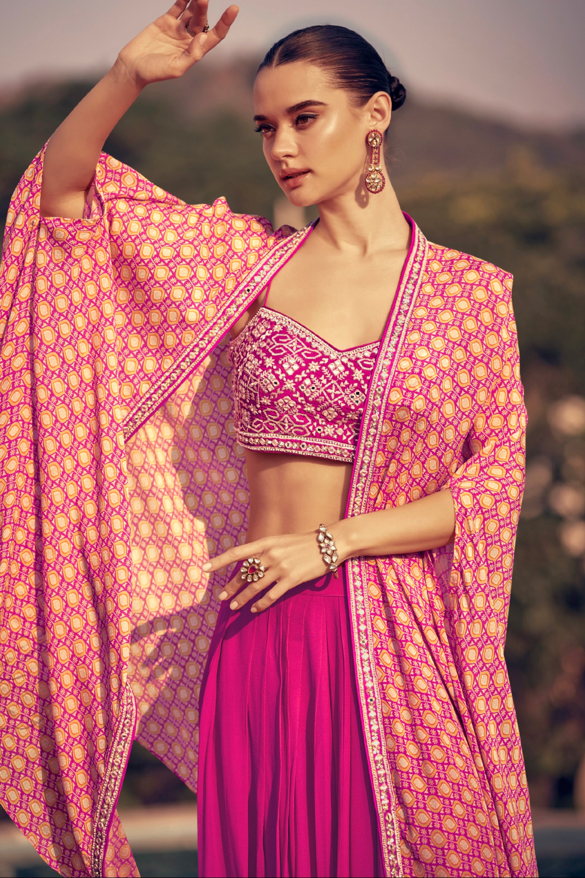 Pink Cape-Style Gown in Premium Real Chinon Silk with Embroidery