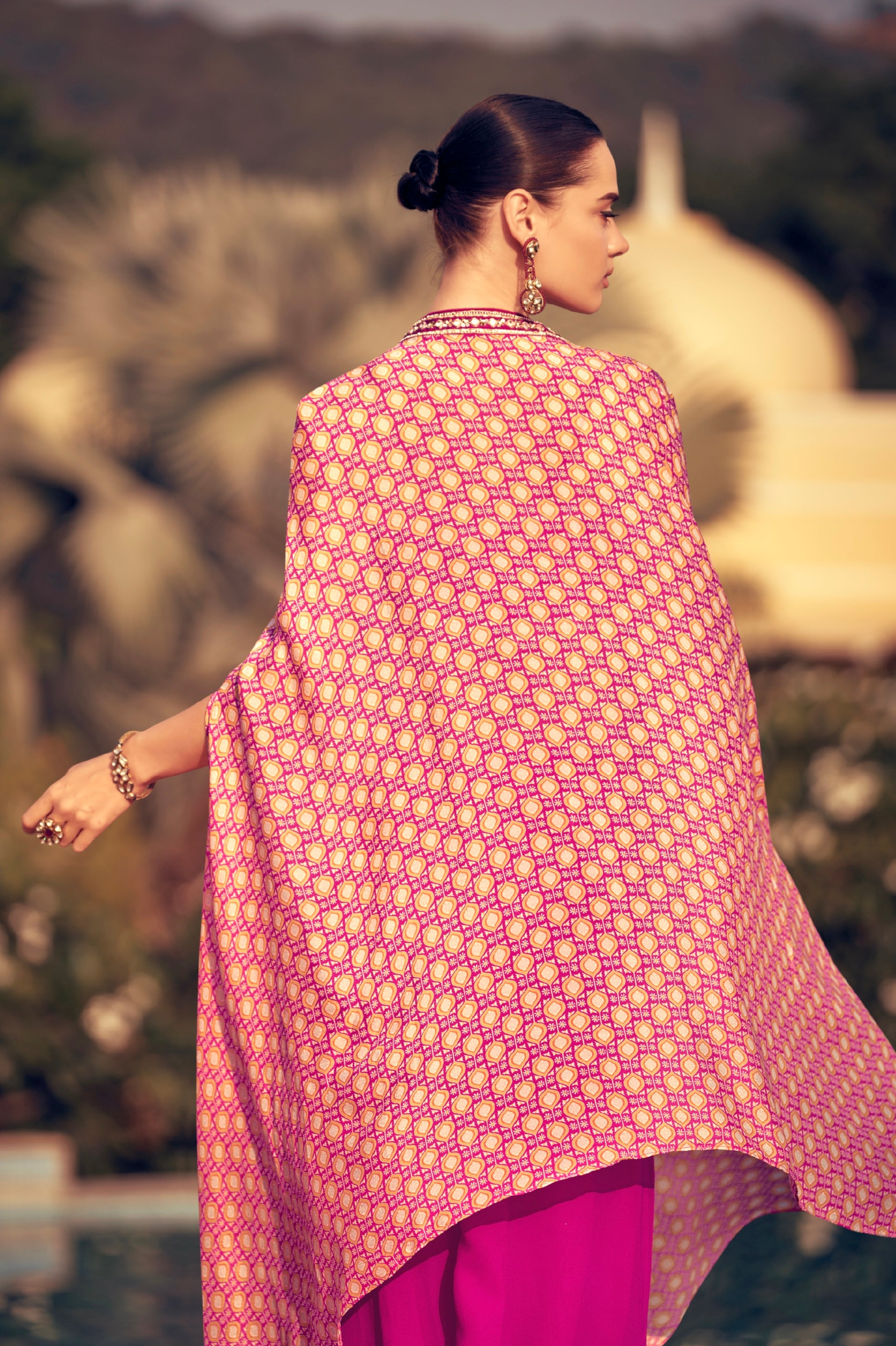 Pink Cape-Style Gown in Premium Real Chinon Silk with Embroidery