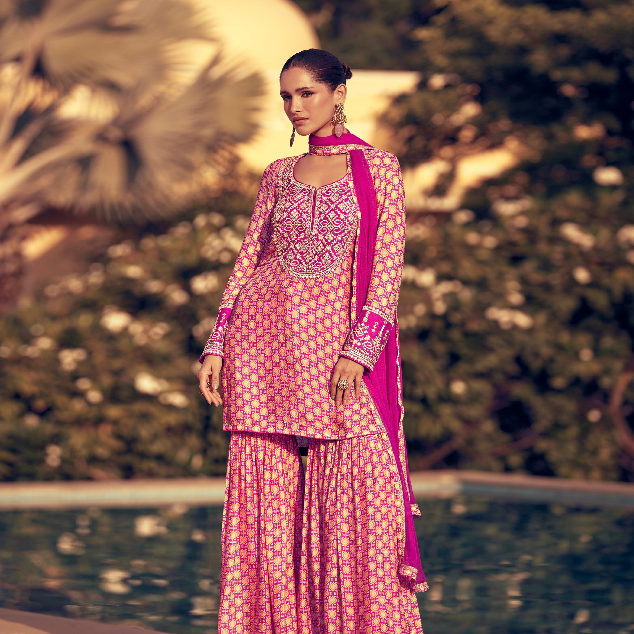 Pink Palazzo Suit in Premium Real Chinon Silk with Embroidery