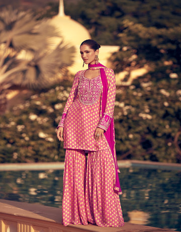 Pink Palazzo Suit in Premium Real Chinon Silk with Embroidery