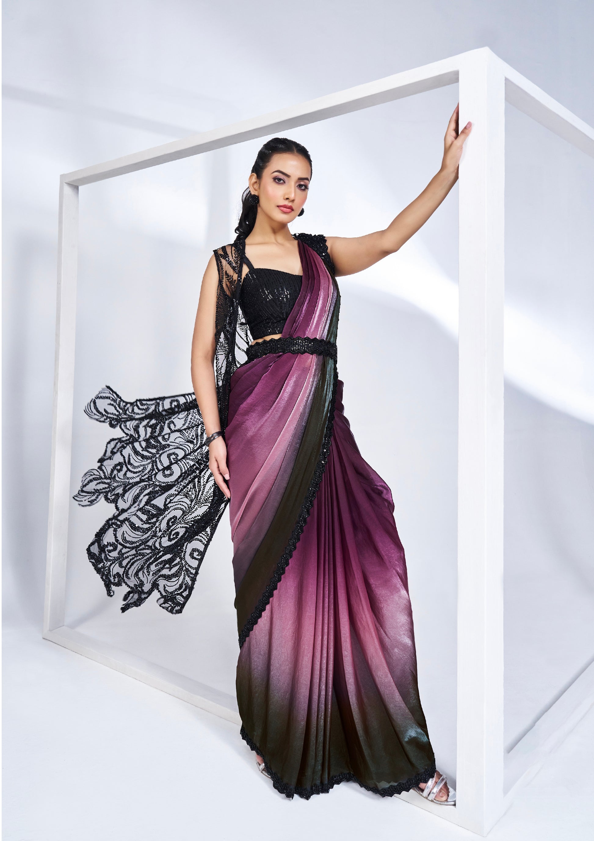 Plum Black Ready to Wear Saree in Satin Silk with Handwork and Jacket