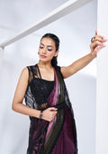 Plum Black Ready to Wear Saree in Satin Silk with Handwork and Jacket