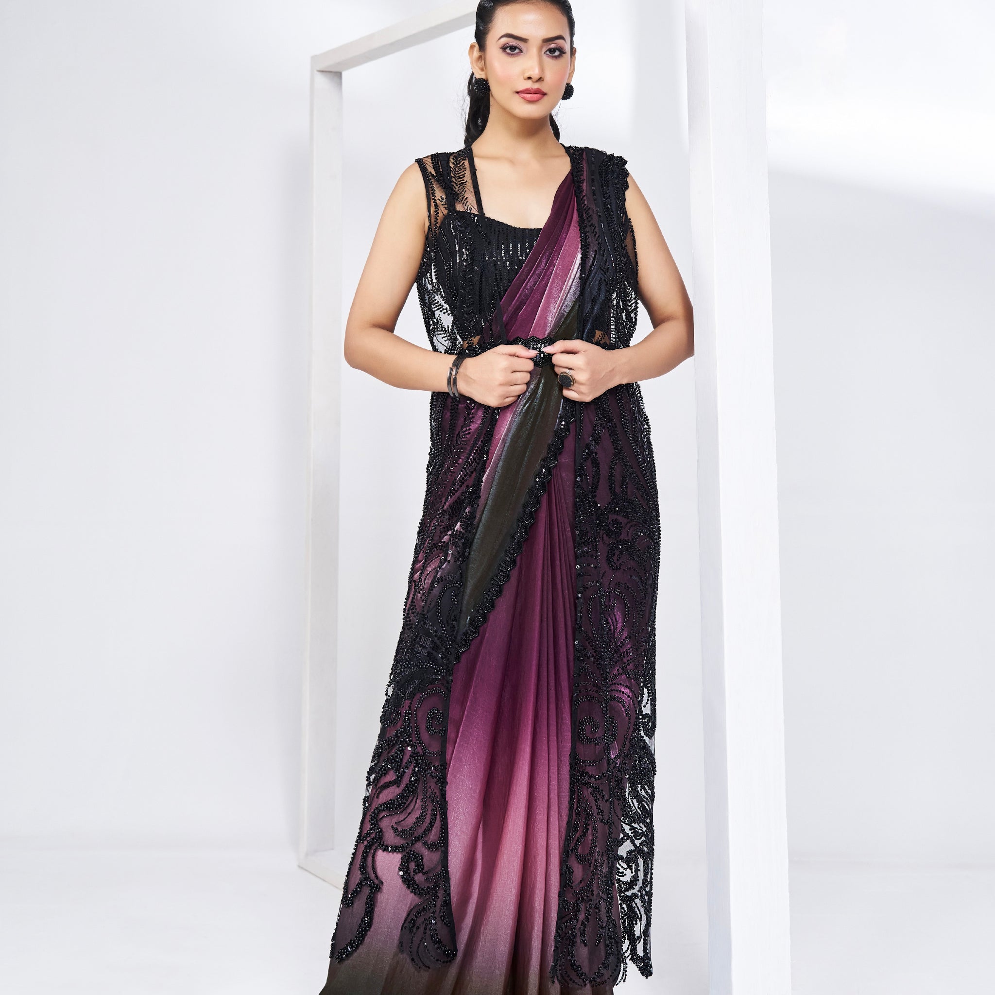 Plum Black Ready to Wear Saree in Satin Silk with Handwork and Jacket