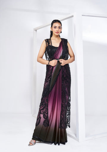 Plum Black Ready to Wear Saree in Satin Silk with Handwork and Jacket