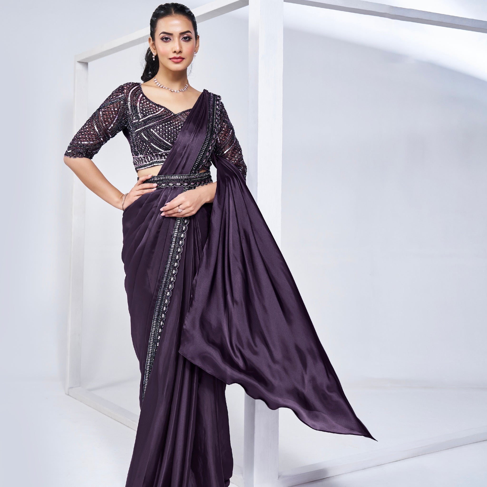 Purple Ready to Wear Saree Crepe in Satin Silk with Hand Embroidery