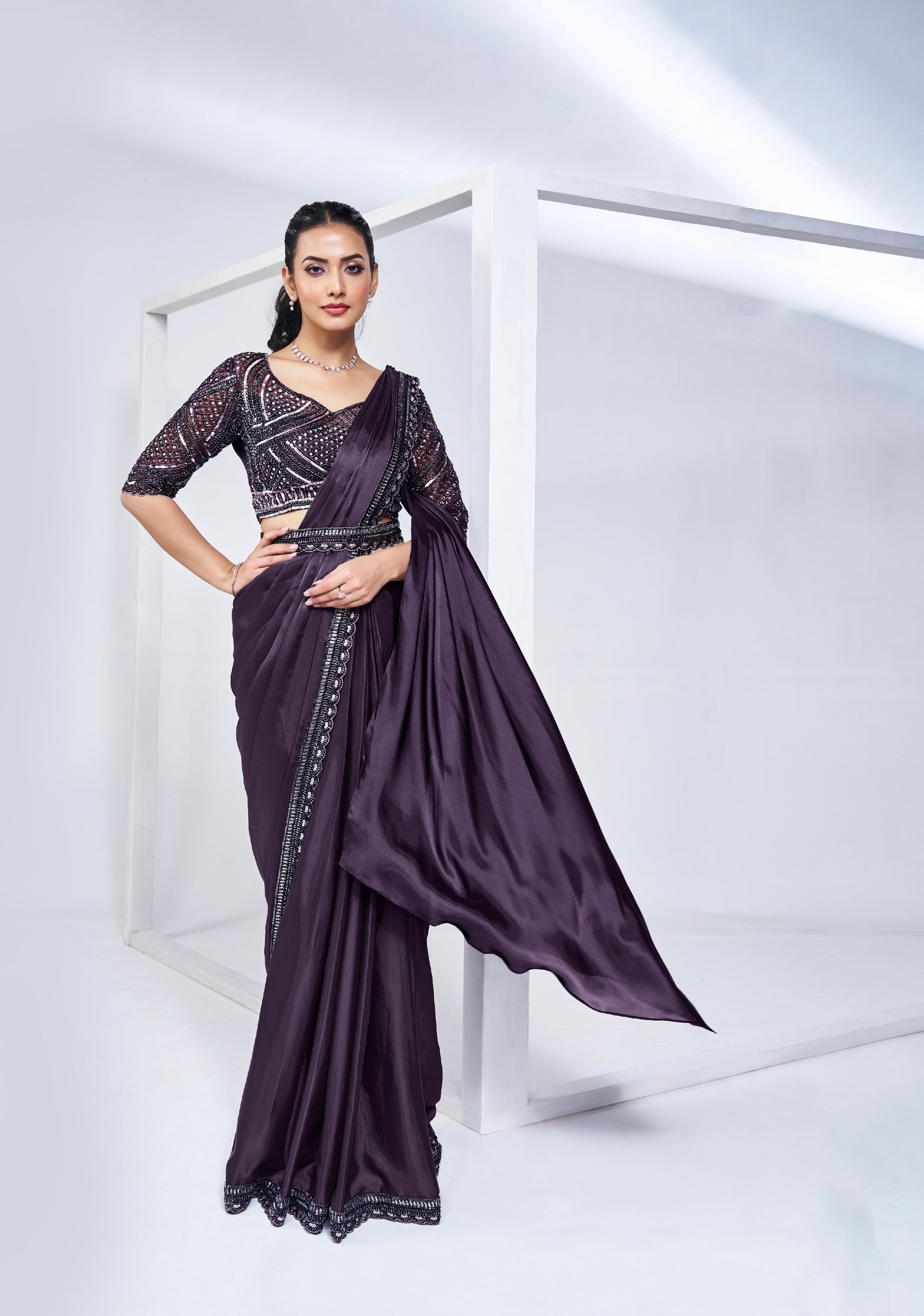 Purple Ready to Wear Saree Crepe in Satin Silk with Hand Embroidery