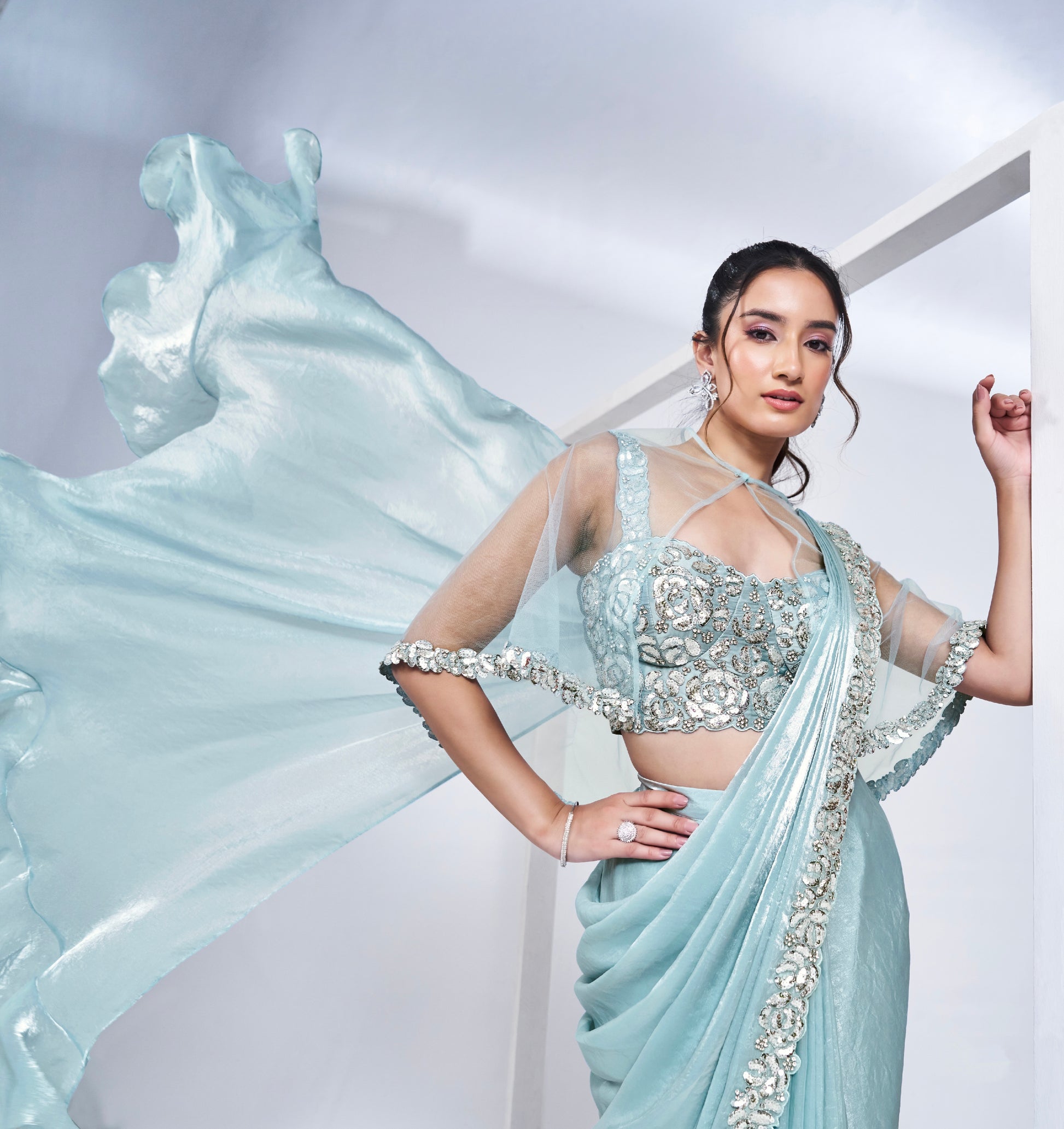 Sky Blue Ready to Wear Saree in Satin Silk with Pure Handwork & Poncho