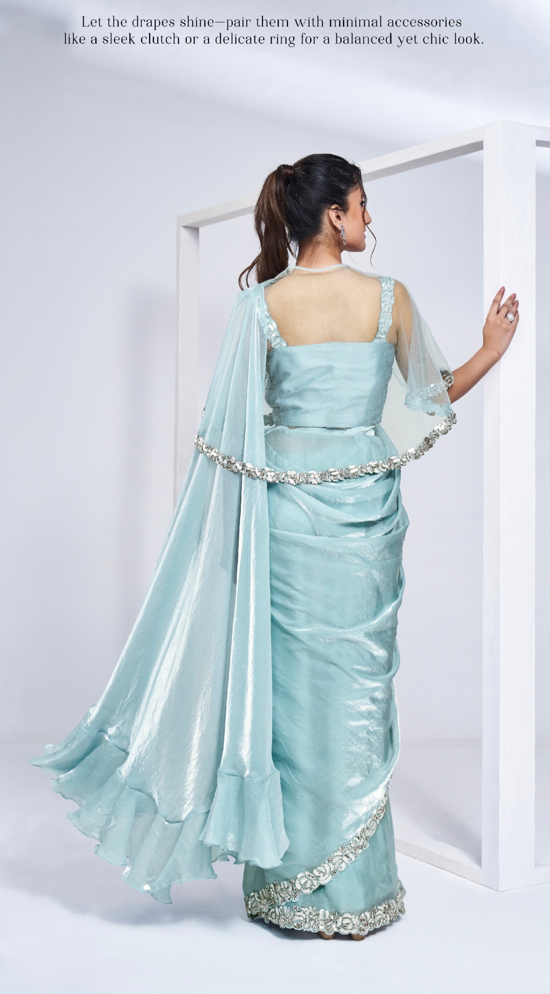 Sky Blue Ready to Wear Saree in Satin Silk with Pure Handwork & Poncho