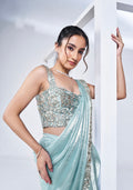 Sky Blue Ready to Wear Saree in Satin Silk with Pure Handwork & Poncho