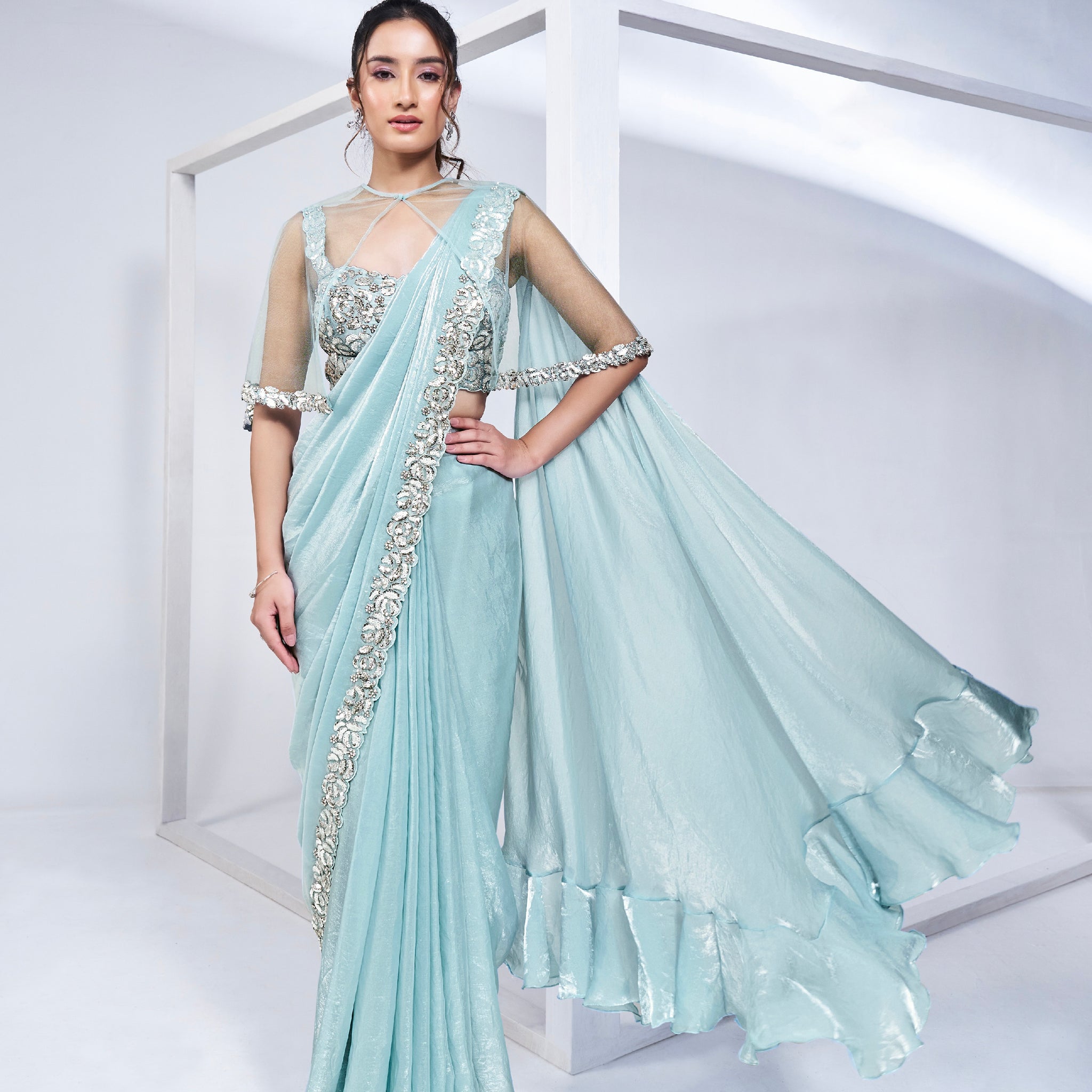 Sky Blue Ready to Wear Saree in Satin Silk with Pure Handwork & Poncho