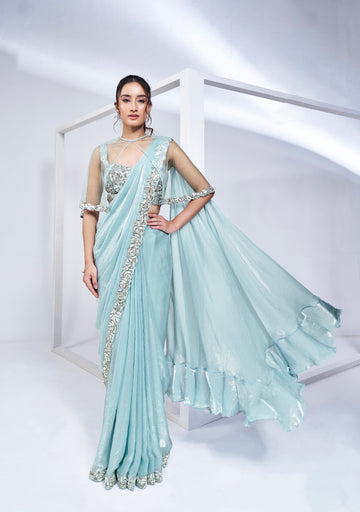 Sky Blue Ready to Wear Saree in Satin Silk with Pure Handwork & Poncho