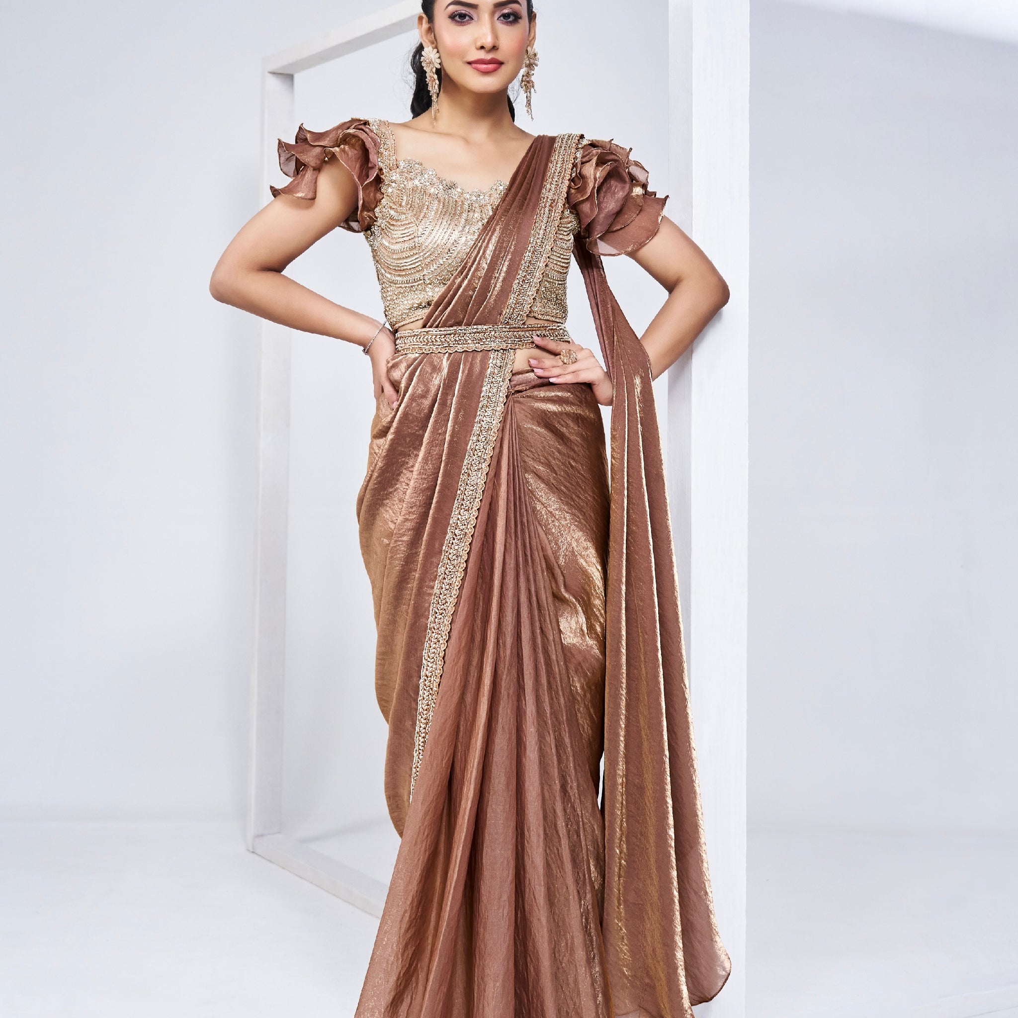 Gold Ready to Wear Satin Silk Saree with Intricate Hand Embroidery