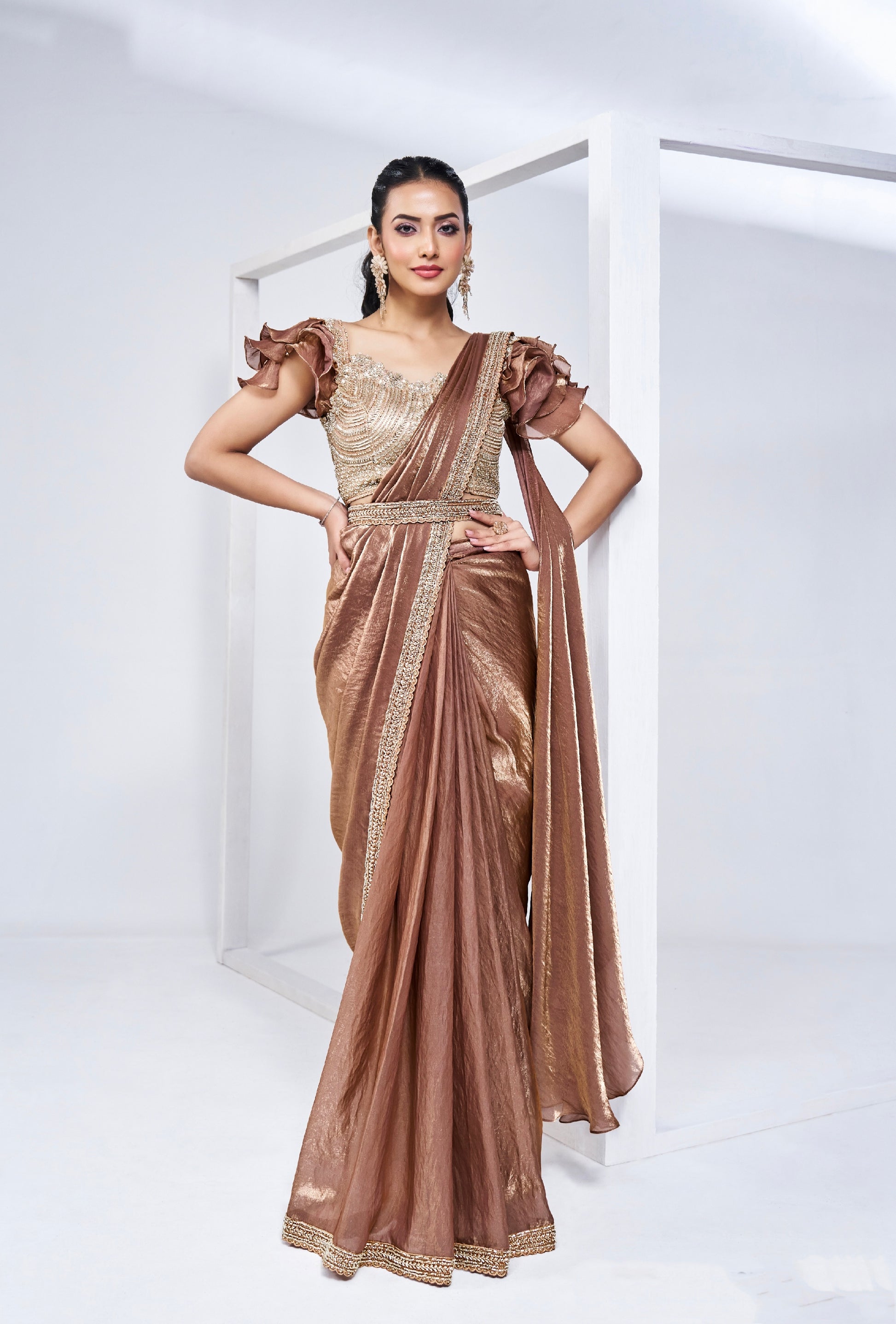 Gold Ready to Wear Satin Silk Saree with Intricate Hand Embroidery