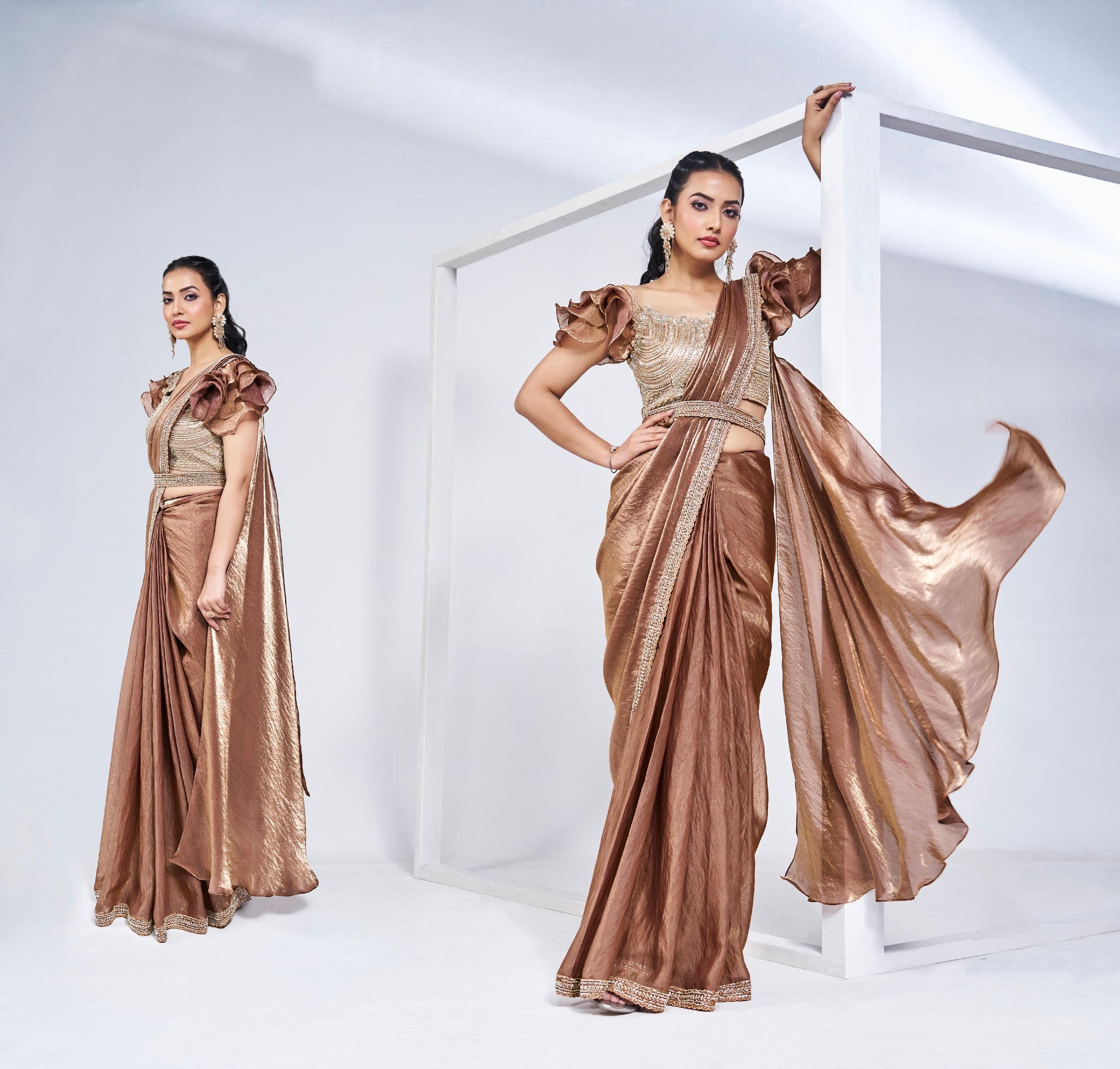 Gold Ready to Wear Satin Silk Saree with Intricate Hand Embroidery