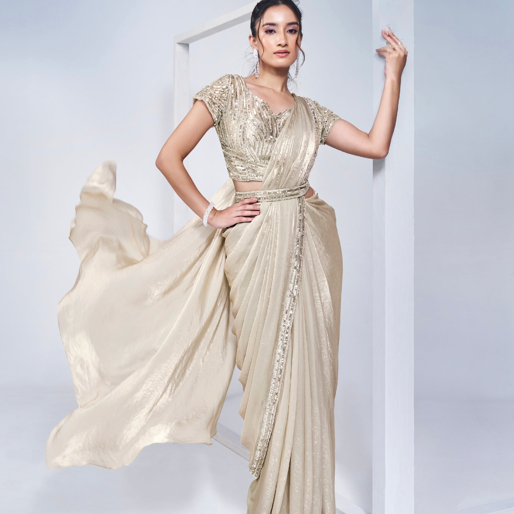 Beige Ready to Wear Saree with Embellished Blouse