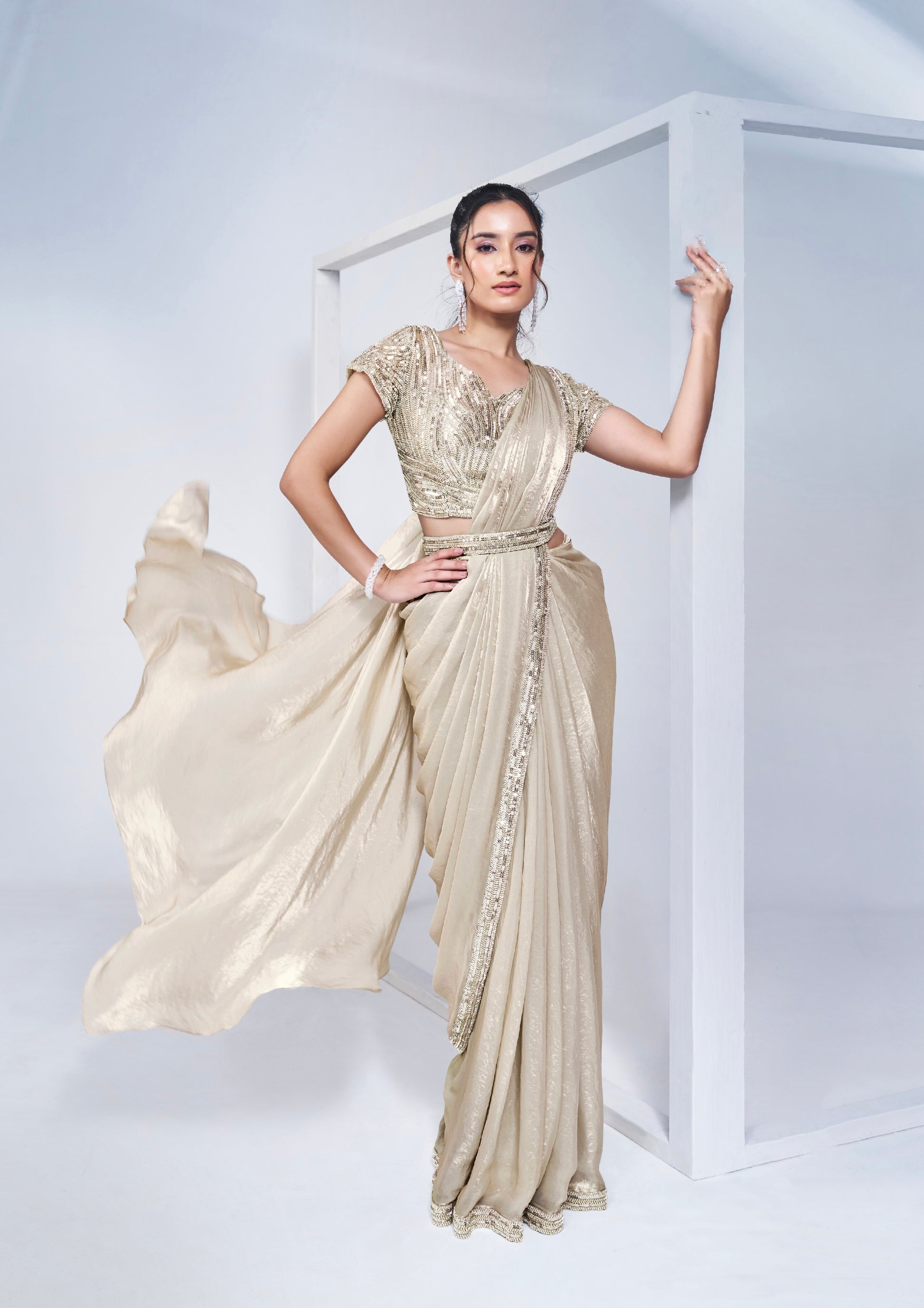 Beige Ready to Wear Saree with Embellished Blouse