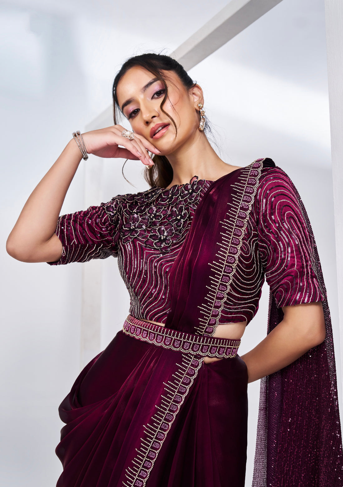 Rich Wine Ready to Wear Saree with Velvet Embroidered Blouse