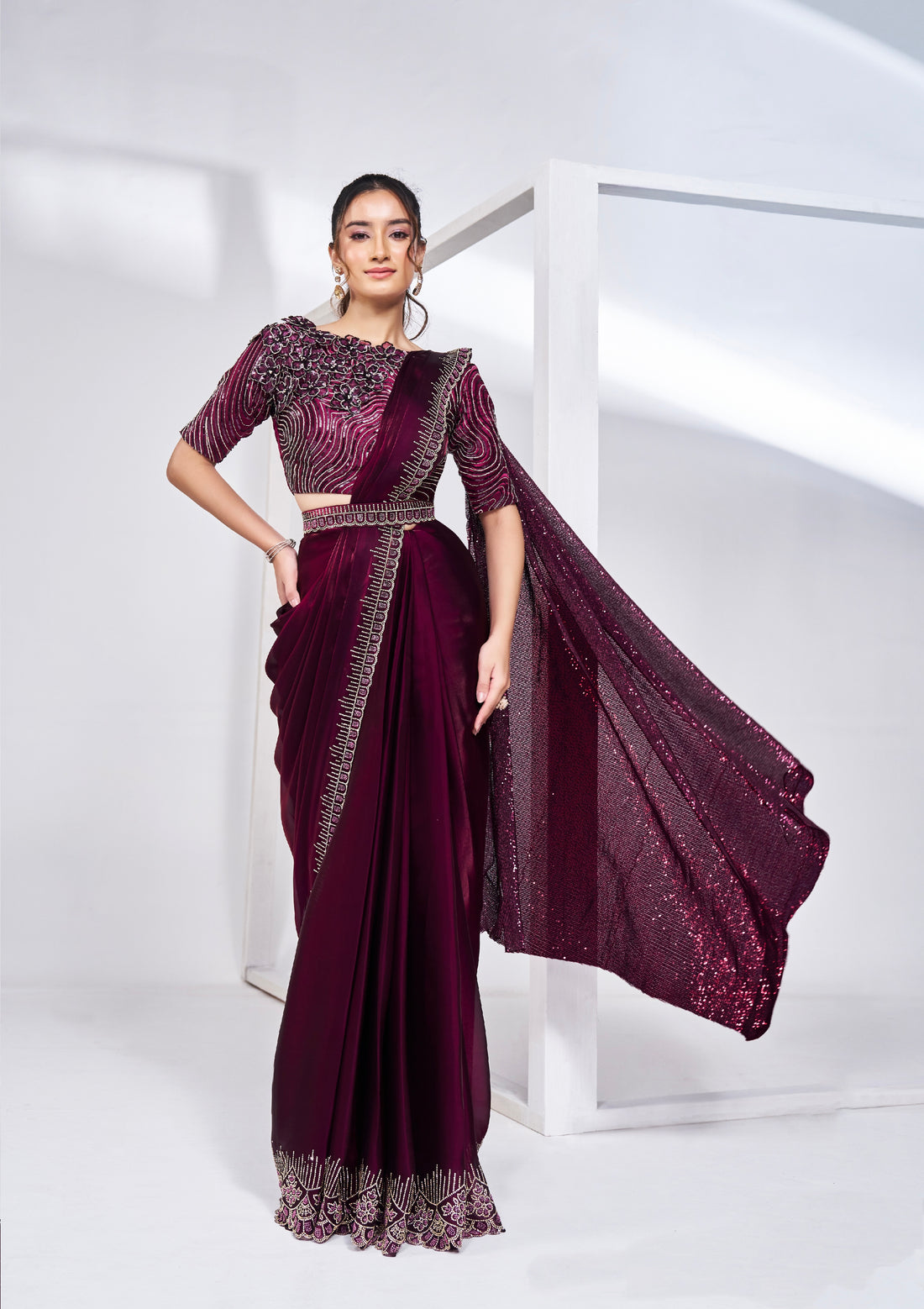 Rich Wine Ready to Wear Saree with Velvet Embroidered Blouse