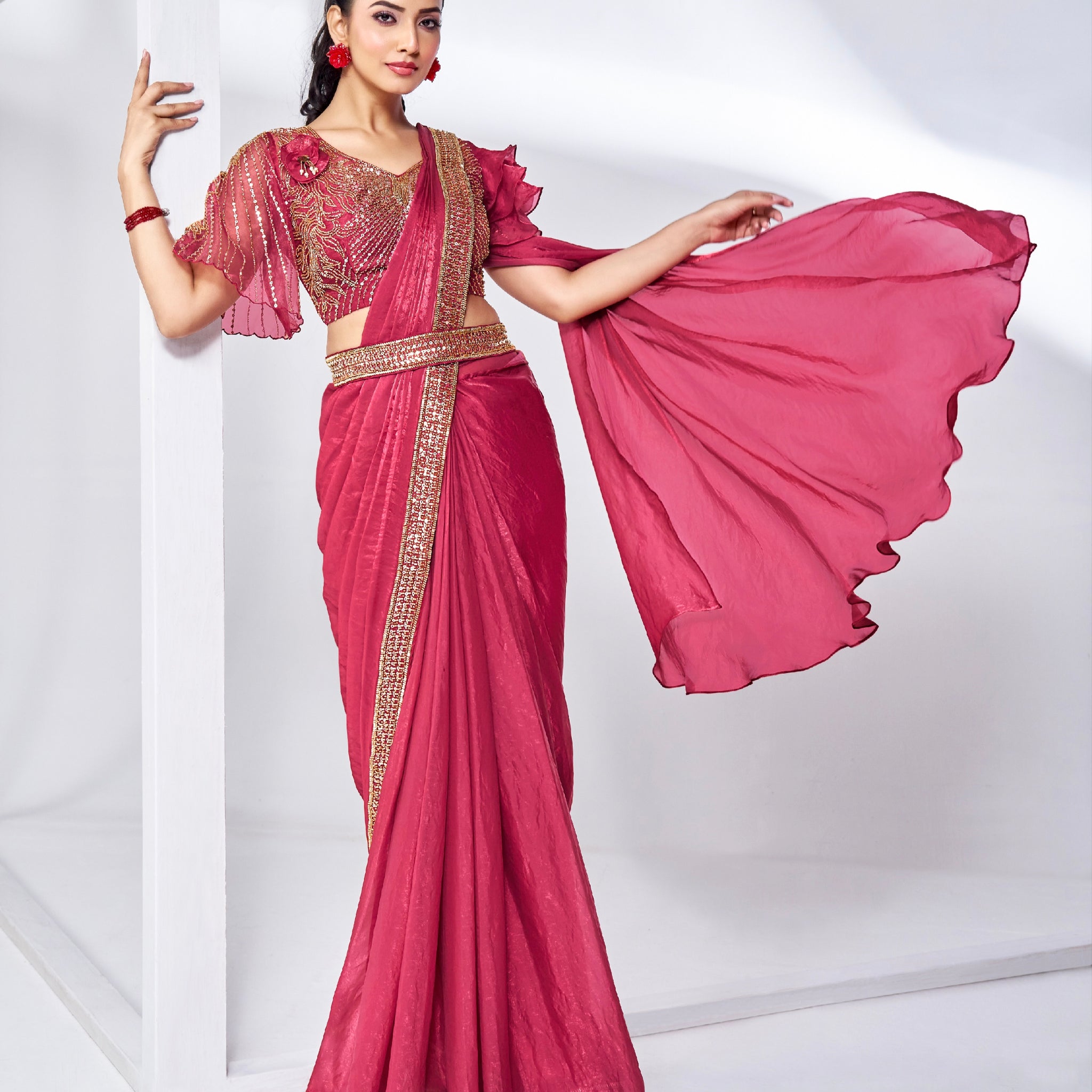 Rose Pink Ready to Wear Saree with Designer Blouse