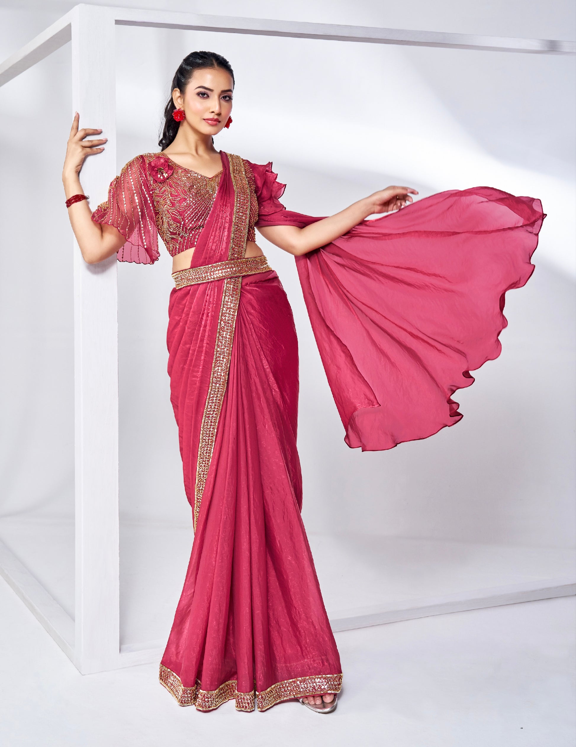 Rose Pink Ready to Wear Saree with Designer Blouse