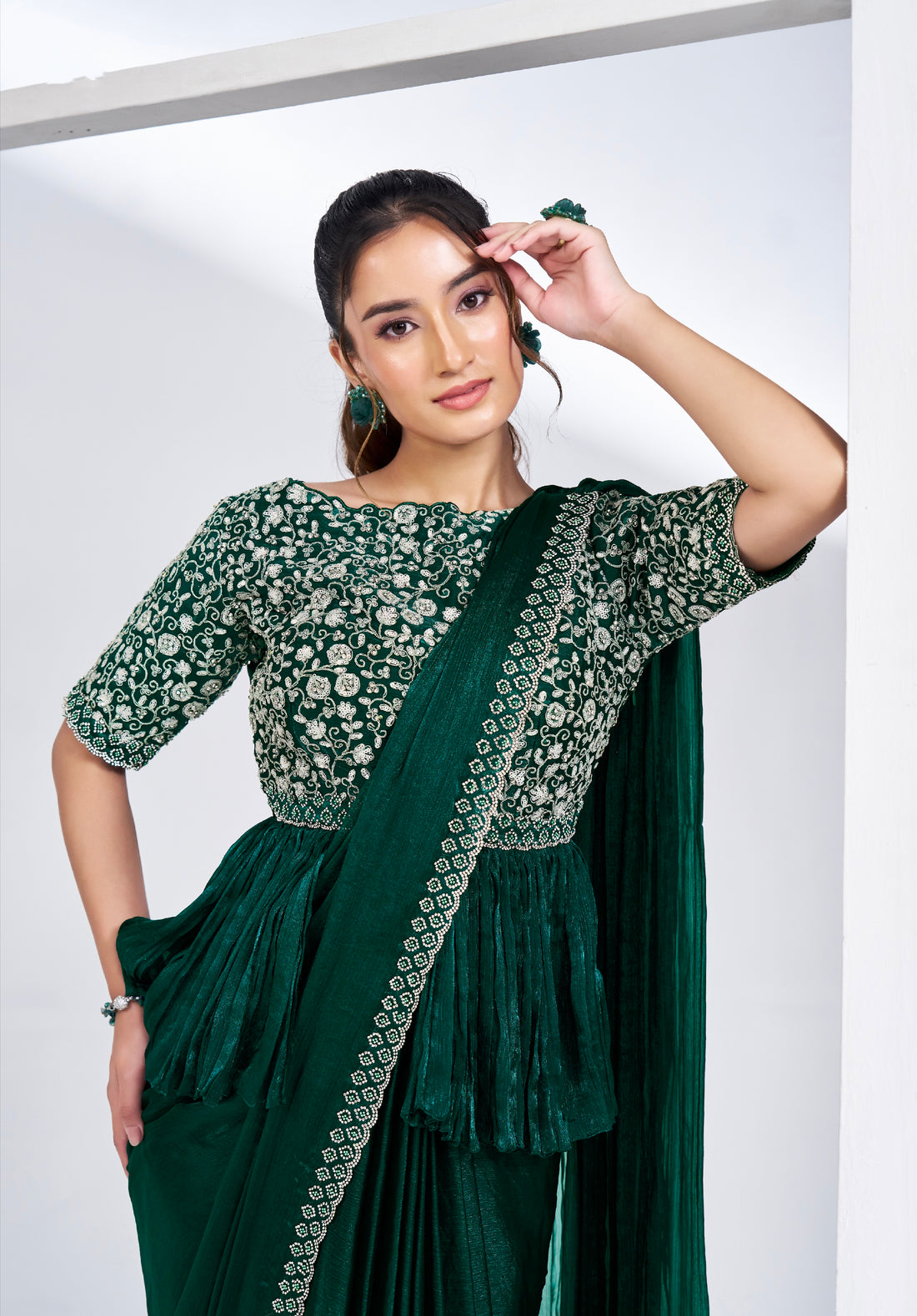 Emerald Green Ready to Wear Saree with Heavy Embellished Blouse