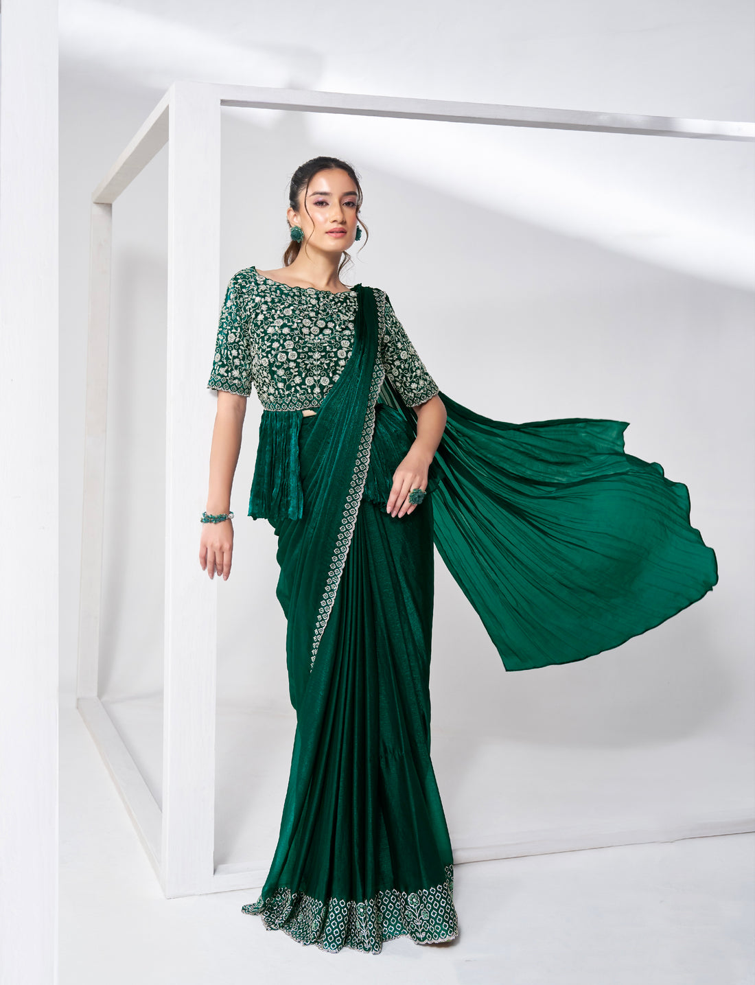 Emerald Green Ready to Wear Saree with Heavy Embellished Blouse