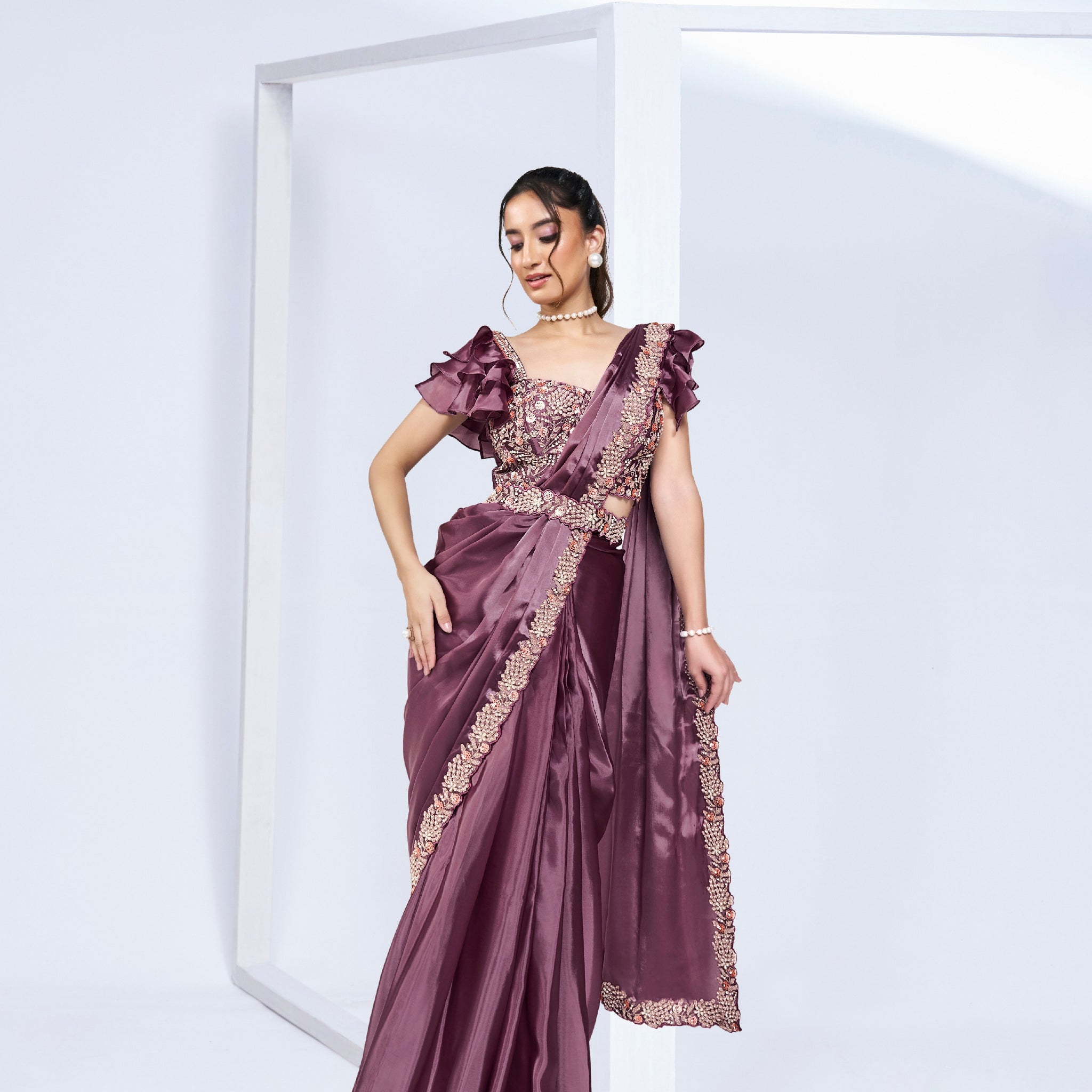 Plum Mauve Ready to Wear Saree with Embroidered Designer Blouse