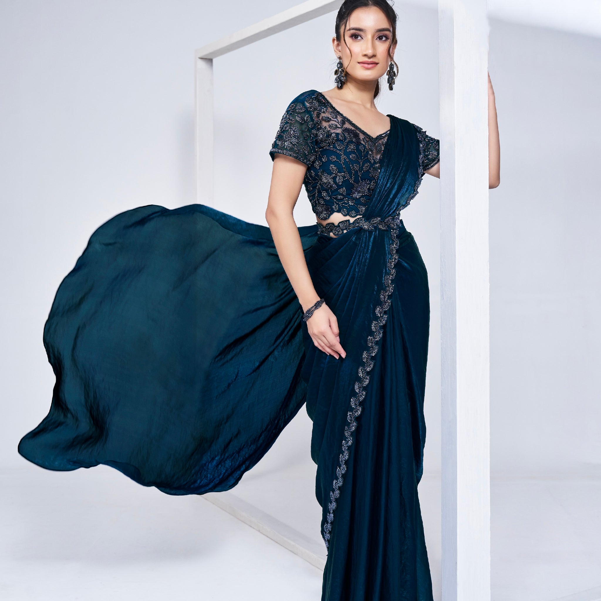 Midnight Blue Ready to Wear Saree with Embroidered Blouse