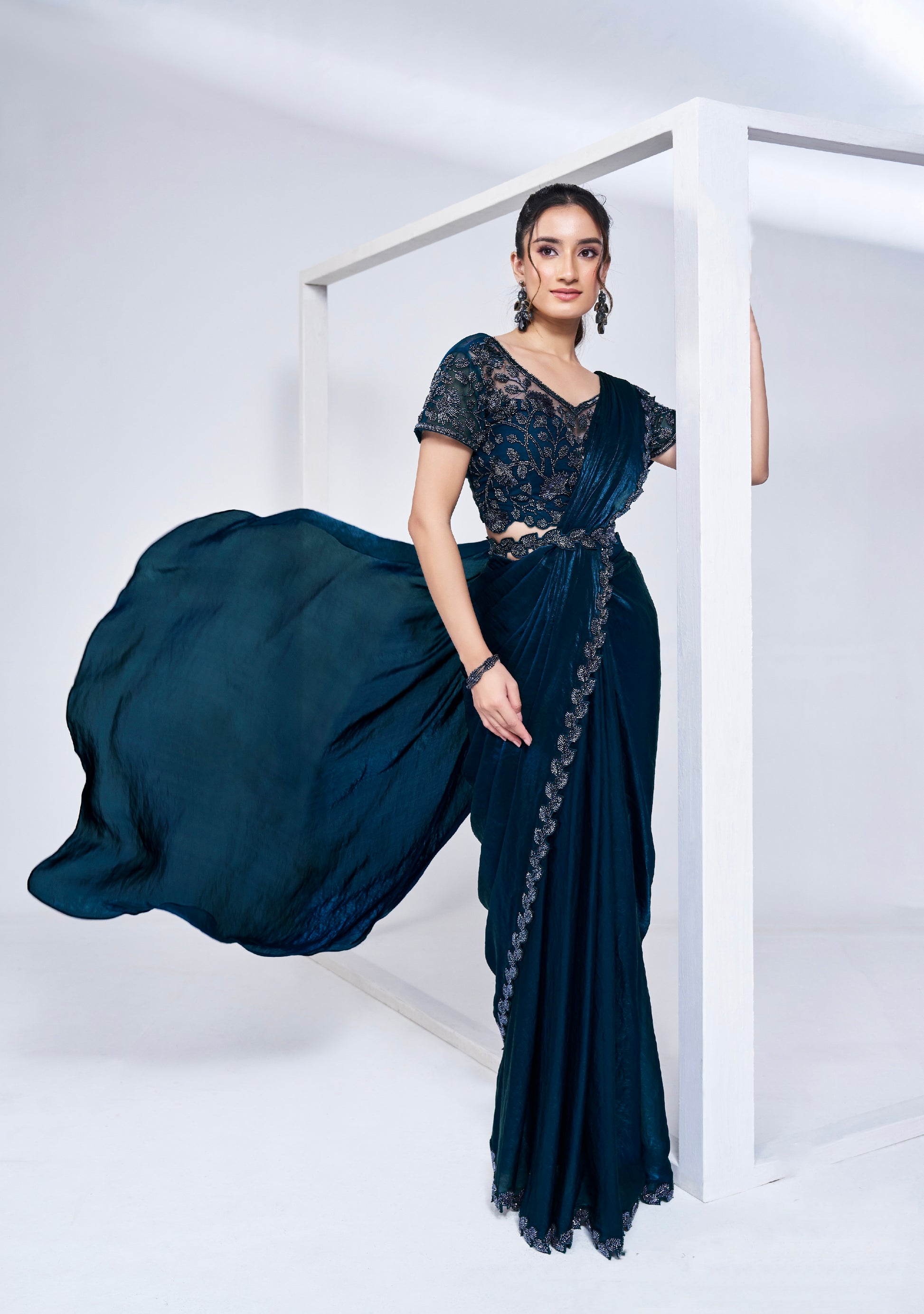 Midnight Blue Ready to Wear Saree with Embroidered Blouse