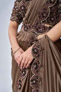 Coffee Brown Ready to Wear Saree with Detailed Embroidery