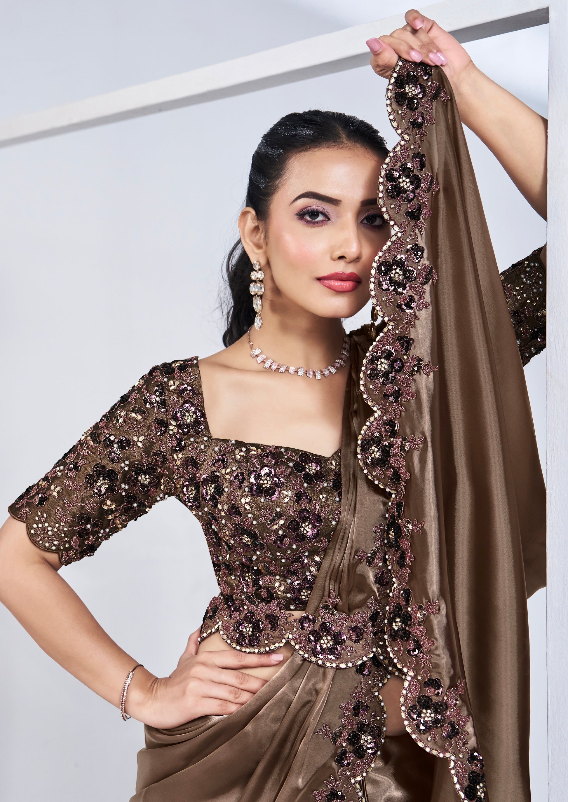 Coffee Brown Ready to Wear Saree with Detailed Embroidery