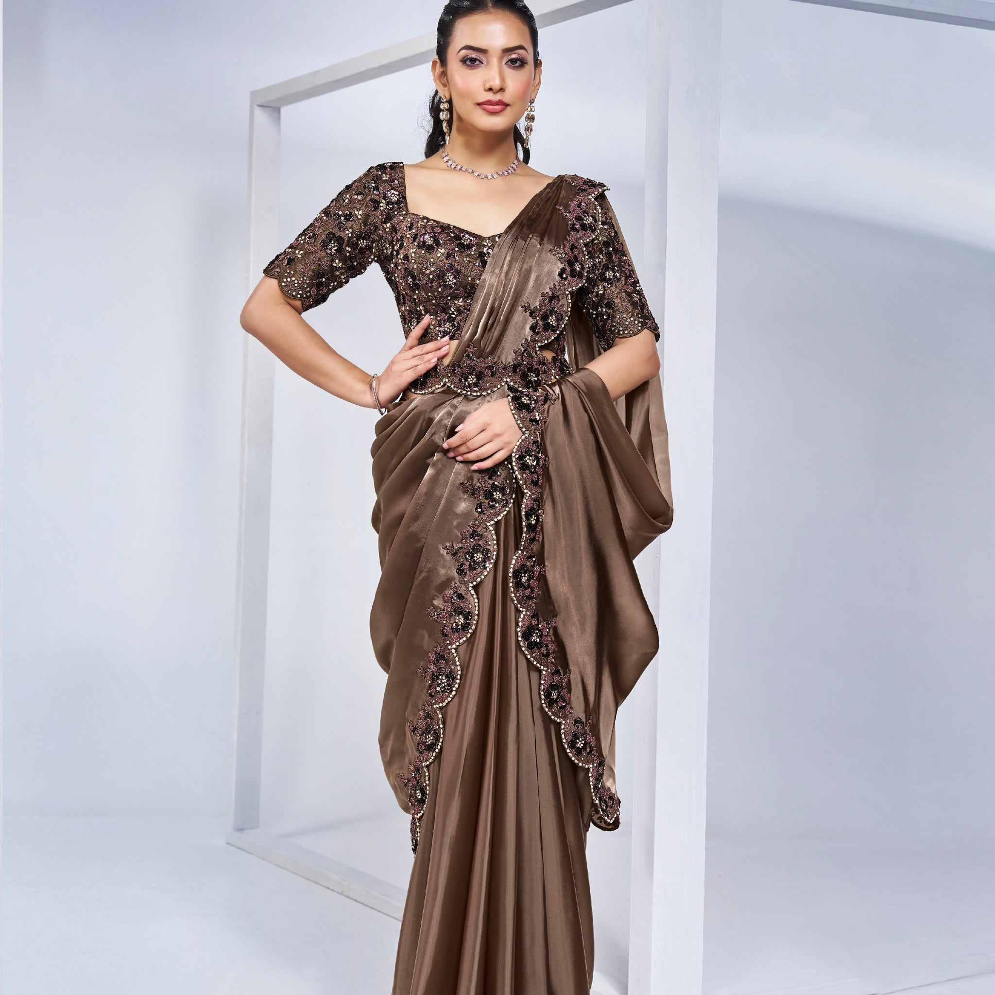 Coffee Brown Ready to Wear Saree with Detailed Embroidery