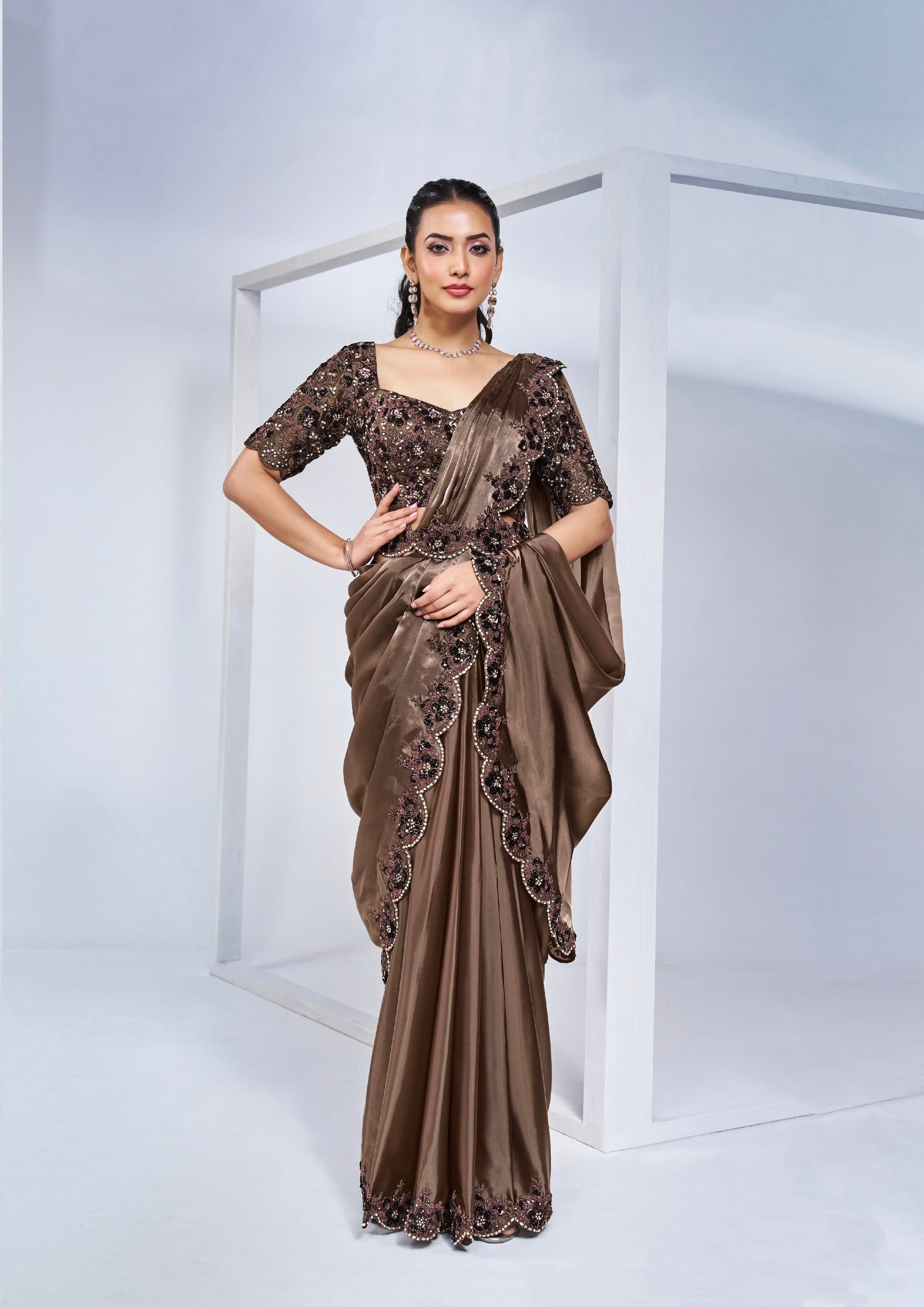 Coffee Brown Ready to Wear Saree with Detailed Embroidery