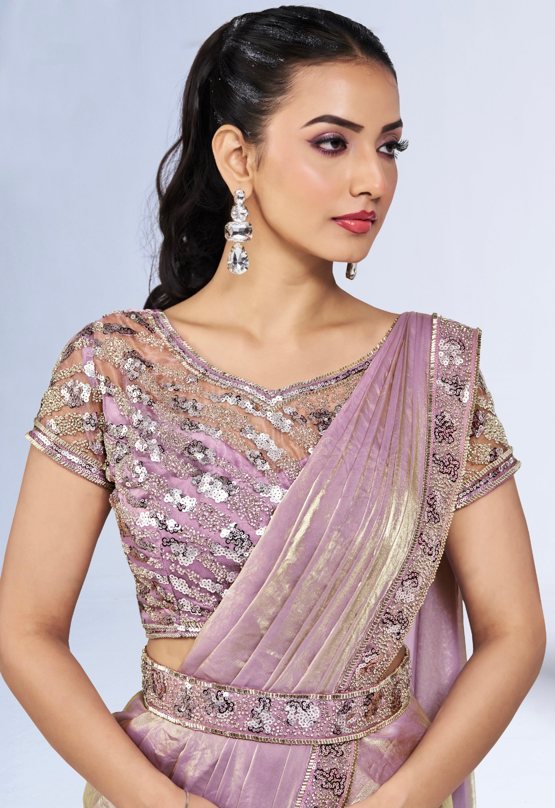 Light Lavender Ready to Wear Saree with Embroidered Designer Blouse