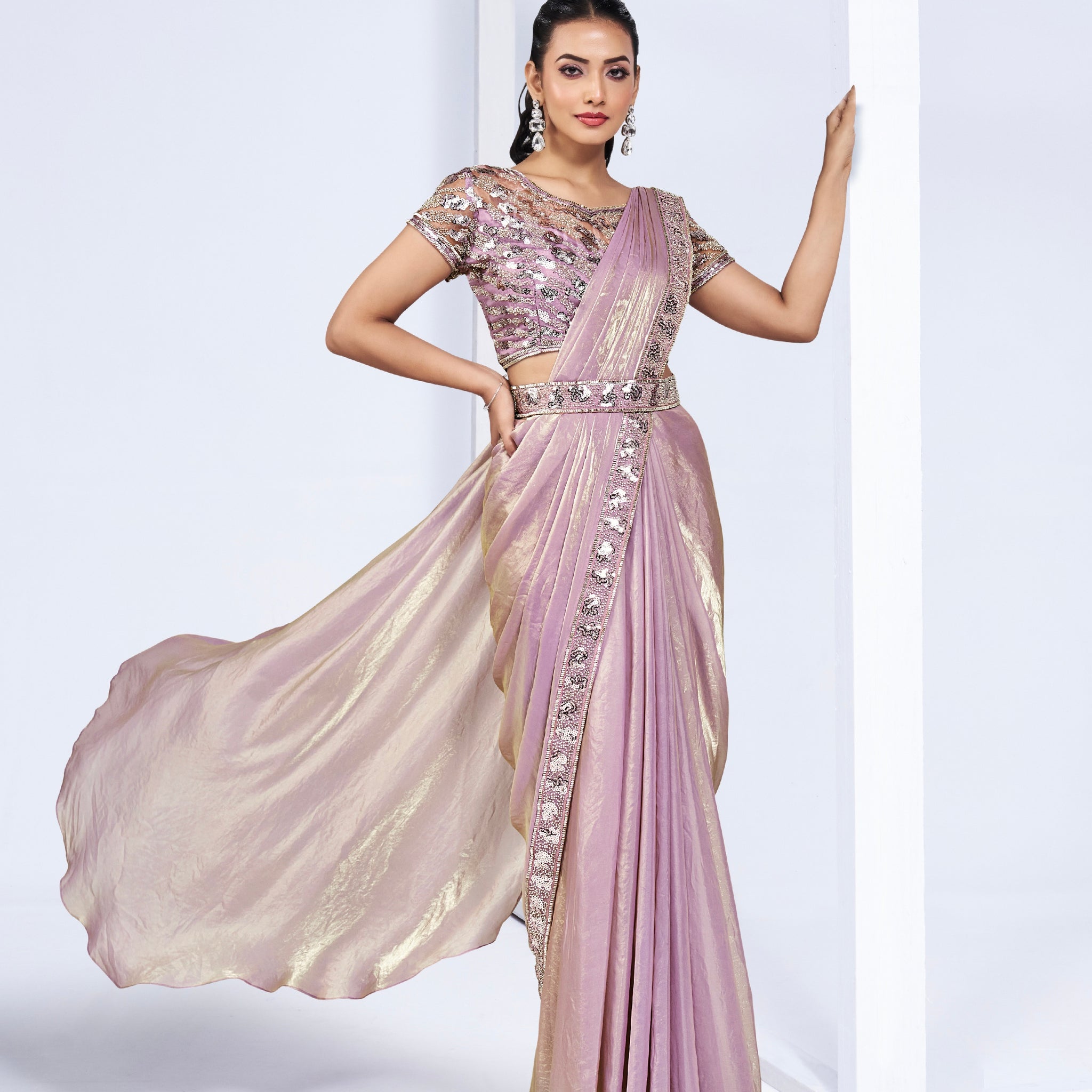 Light Lavender Ready to Wear Saree with Embroidered Designer Blouse