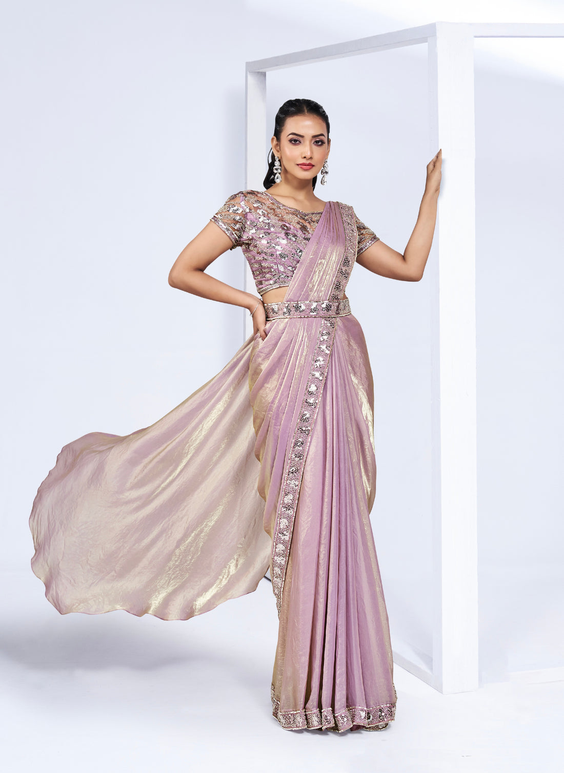 Light Lavender Ready to Wear Saree with Embroidered Designer Blouse