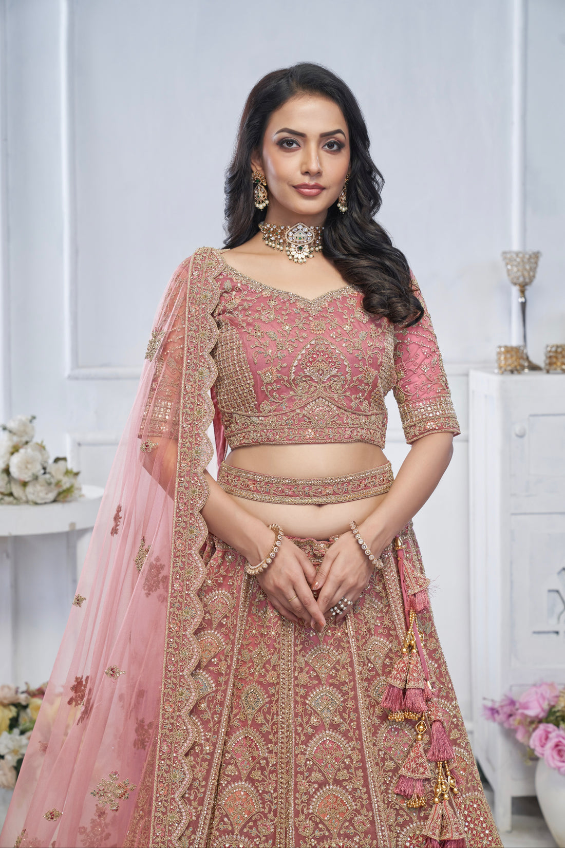 Onion Mauve Soft Net Lehenga with Sequins & Zari Work