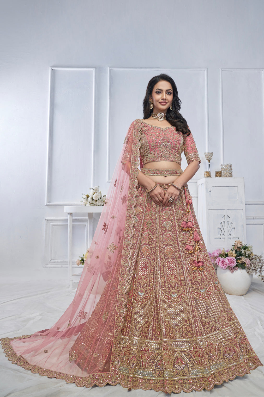 Onion Mauve Soft Net Lehenga with Sequins & Zari Work