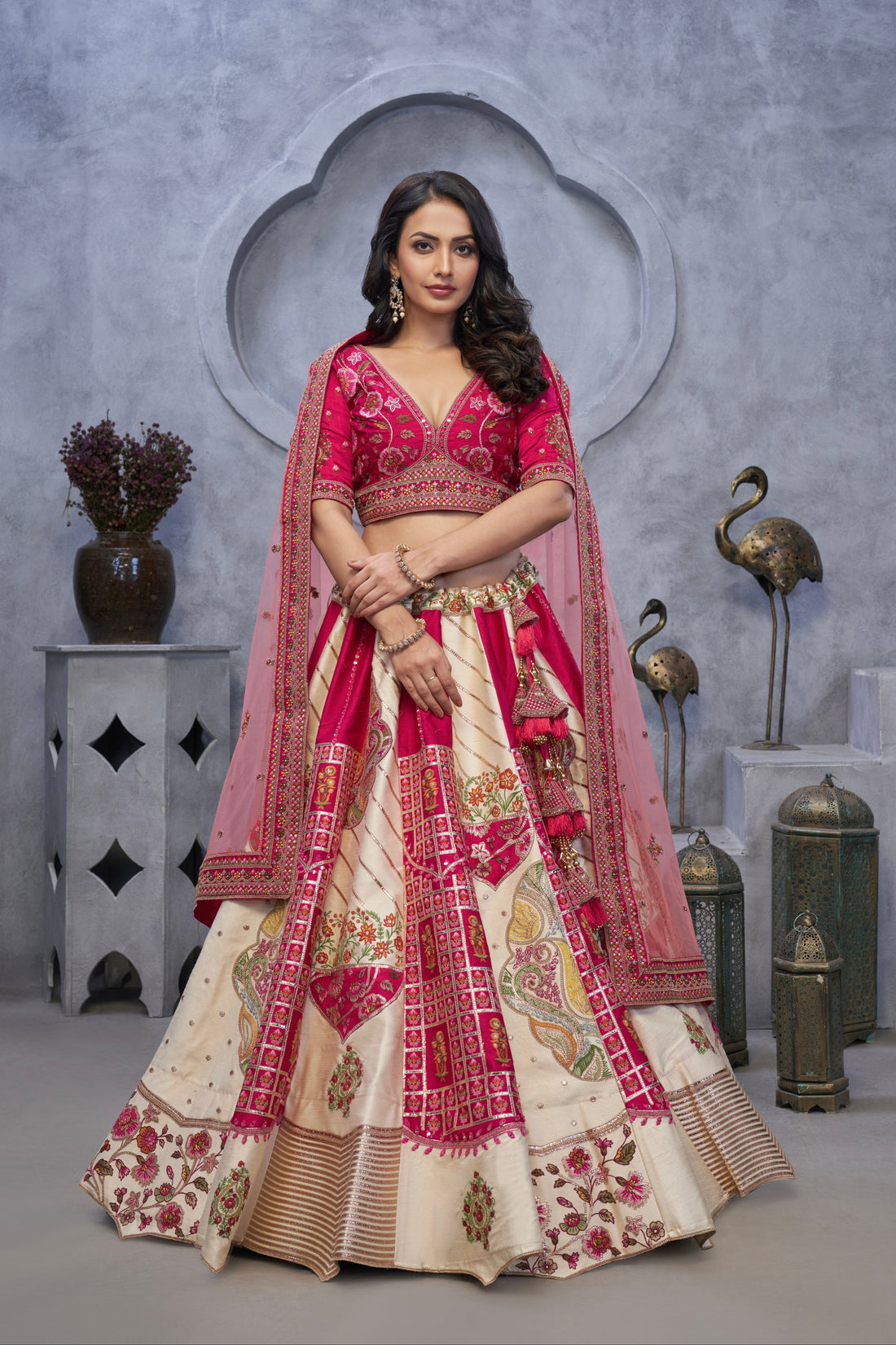 Ivory Organza Silk Lehenga with Red Paisley Motifs & Pink Net Dupatta