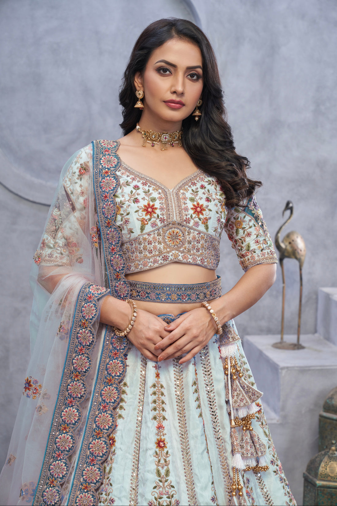 Sky Blue Organza Silk Lehenga with Zari Embroidery & Velvet Patches