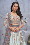 Sky Blue Organza Silk Lehenga with Zari Embroidery & Velvet Patches