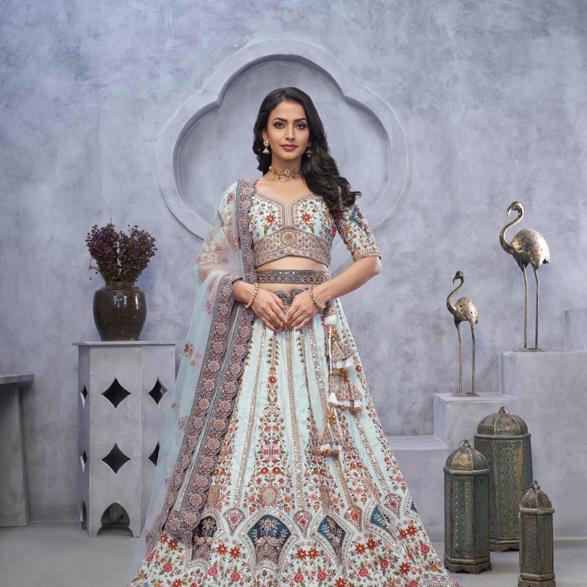 Sky Blue Organza Silk Lehenga with Zari Embroidery & Velvet Patches