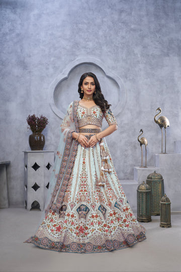 Sky Blue Organza Silk Lehenga with Zari Embroidery & Velvet Patches