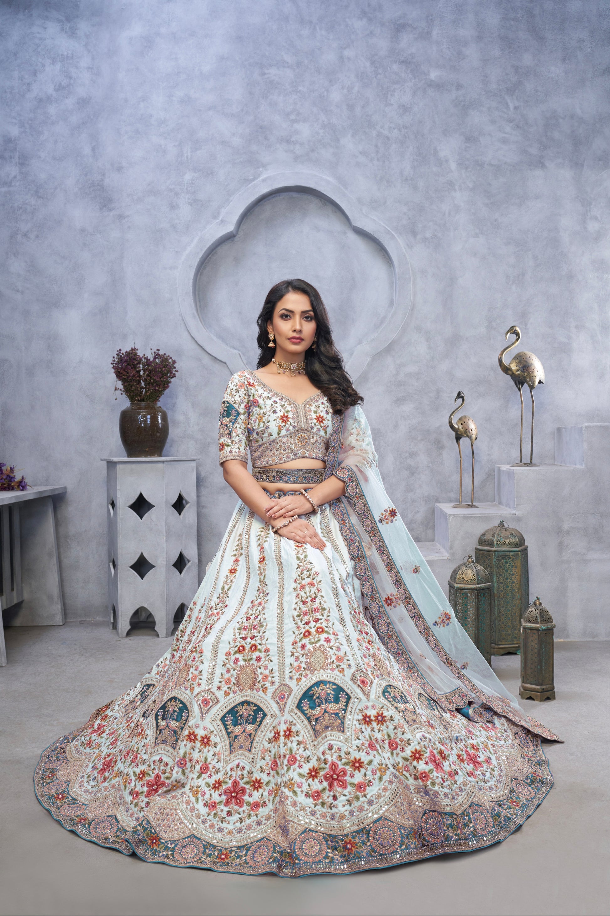 Sky Blue Organza Silk Lehenga with Zari Embroidery & Velvet Patches