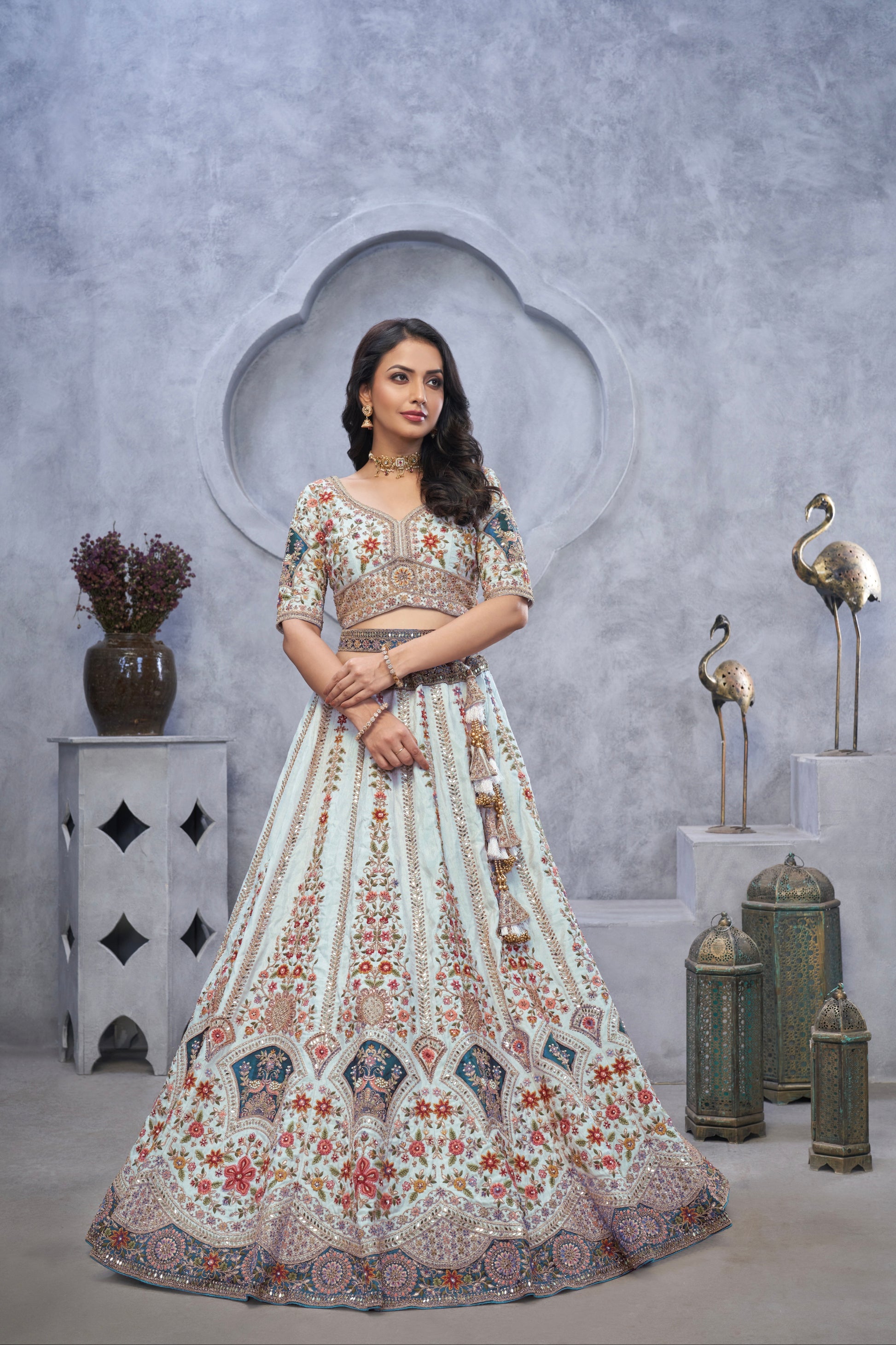 Sky Blue Organza Silk Lehenga with Zari Embroidery & Velvet Patches