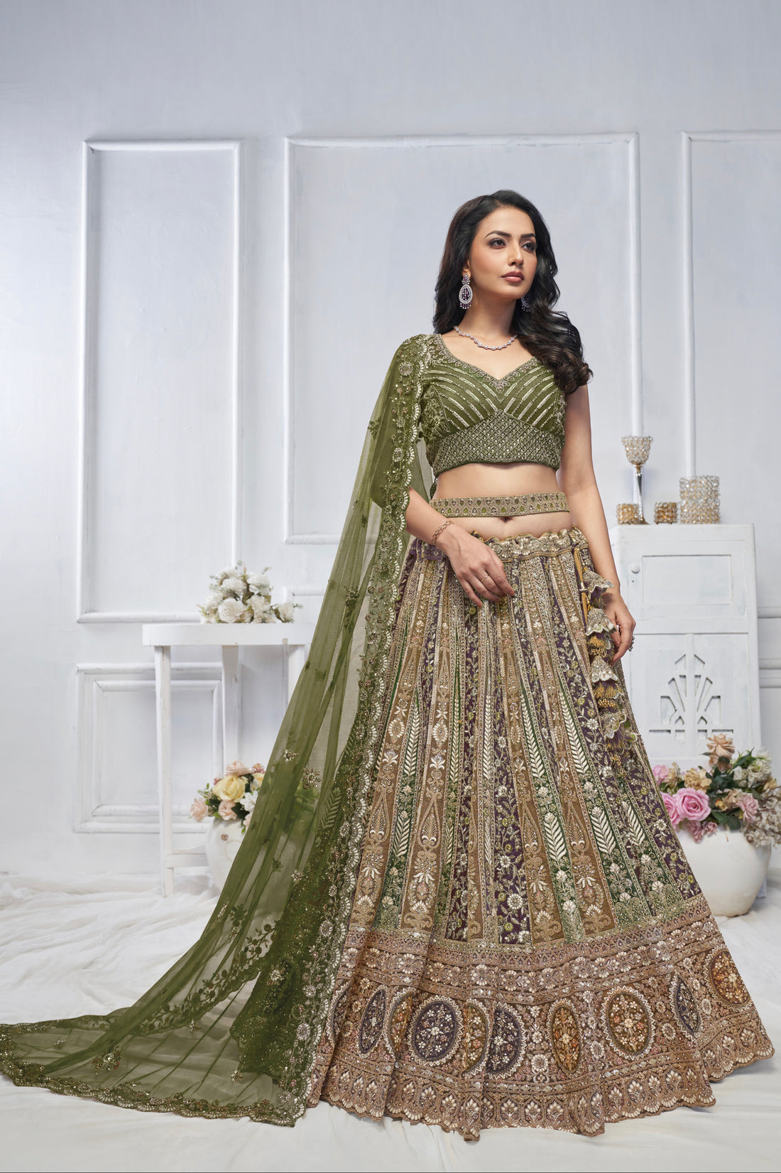 Green Soft Net Lehenga with Paisley Zari Embroidery & Floral Dupatta