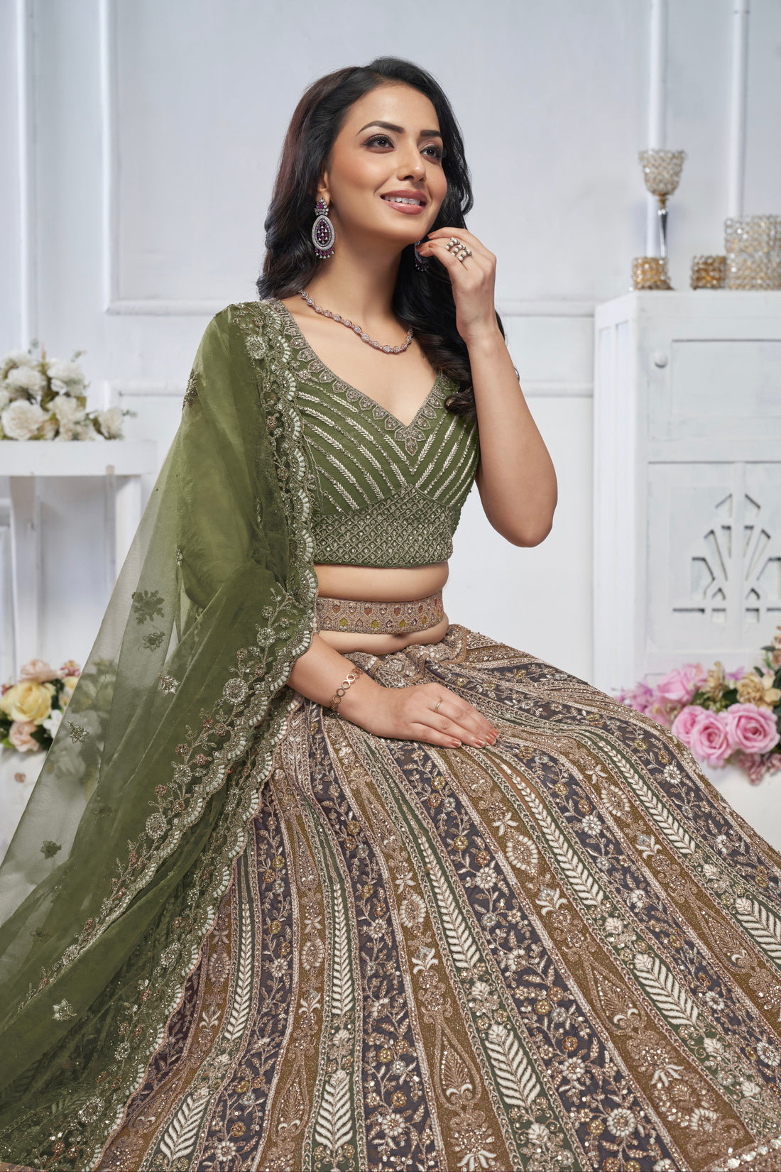 Green Soft Net Lehenga with Paisley Zari Embroidery & Floral Dupatta