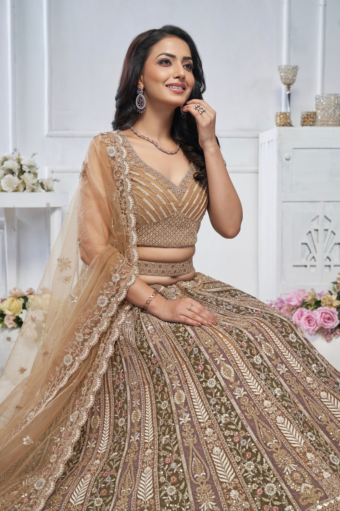 Brown Soft Net Lehenga with Paisley Zari Embroidery & Floral Dupatta