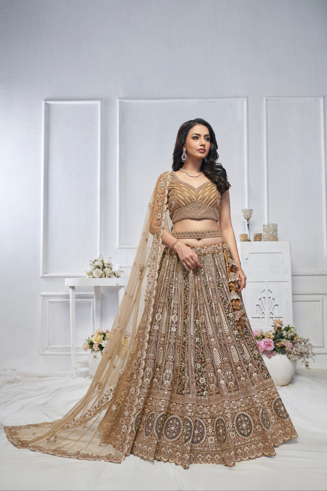 Brown Soft Net Lehenga with Paisley Zari Embroidery & Floral Dupatta