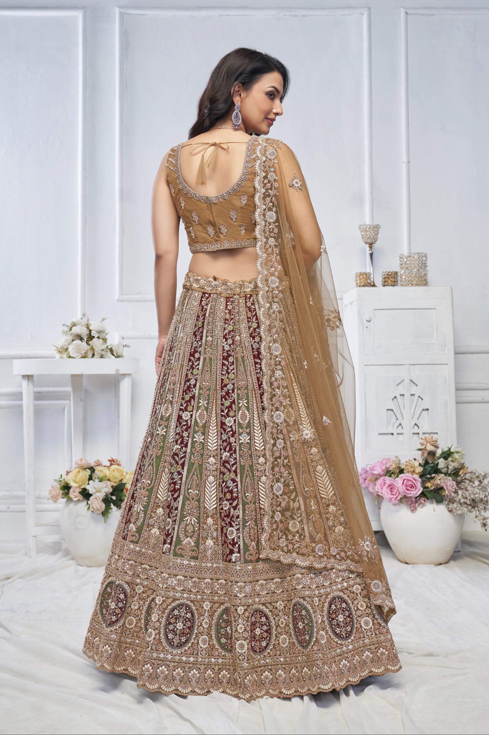 Golden Soft Net Lehenga with Paisley Zari Embroidery & Floral Dupatta